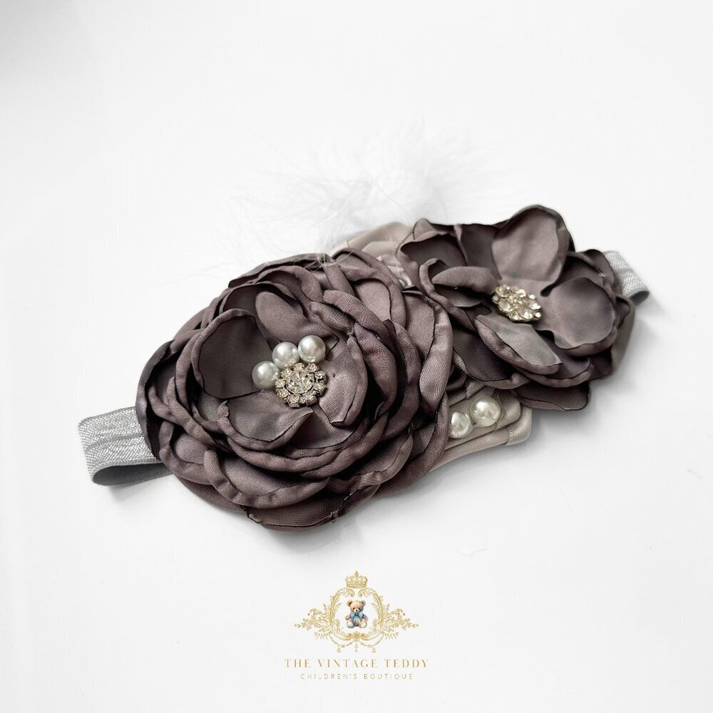 NWT Pretty Vintage Inspired Girls Headband Floral Beaded Feathers Gray OS